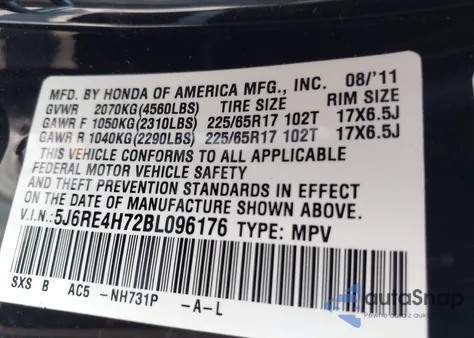 2011 Honda Cr-V Ex-L from USA, damaged, VIN 5J6RE4H72BL096176